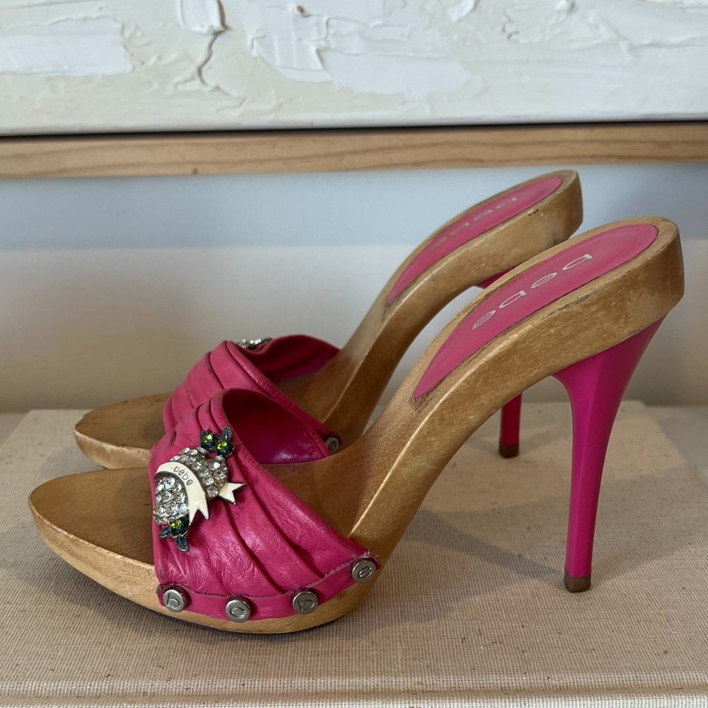 Bebe Pink & Wood Stiletto Heels 6.5